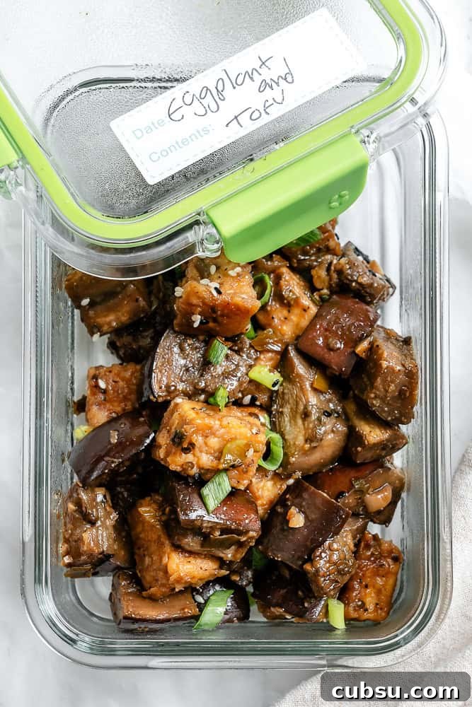 completed Sticky Eggplant and Tofu [Bake + Stir-Fry] in storage container