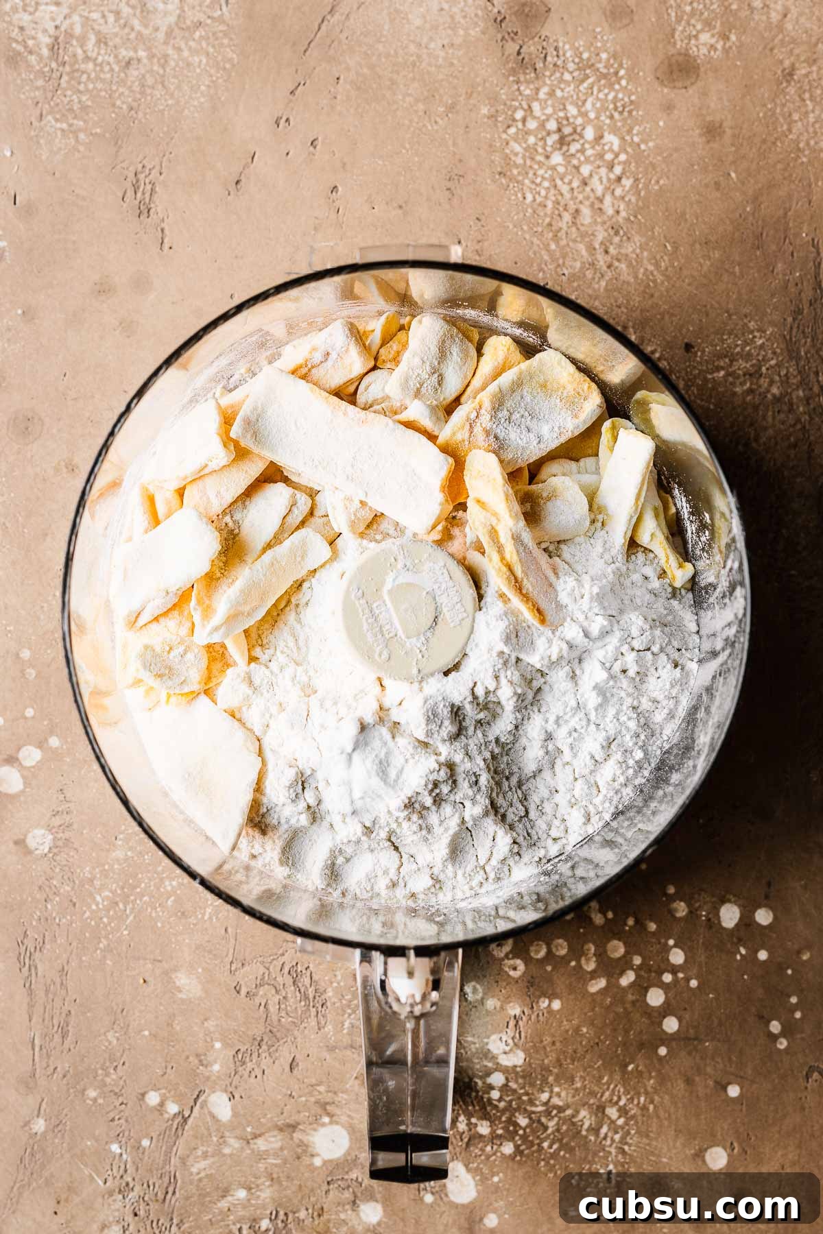 Freeze dried mangos, flour and leaveners before processing in a food processor bowl.