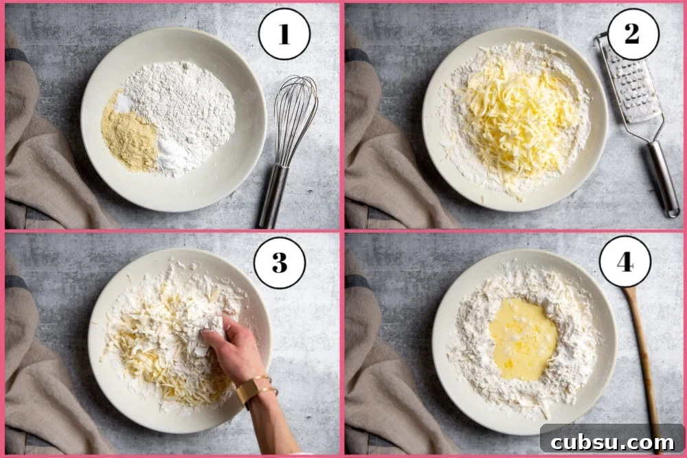 Process shot divided into four quadrants showing the first four steps for making the strawberry shortcake recipe. 