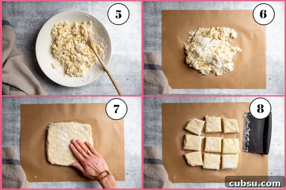 Process shot divided into four quadrants showing the last four steps for making the strawberry shortcake recipe. 