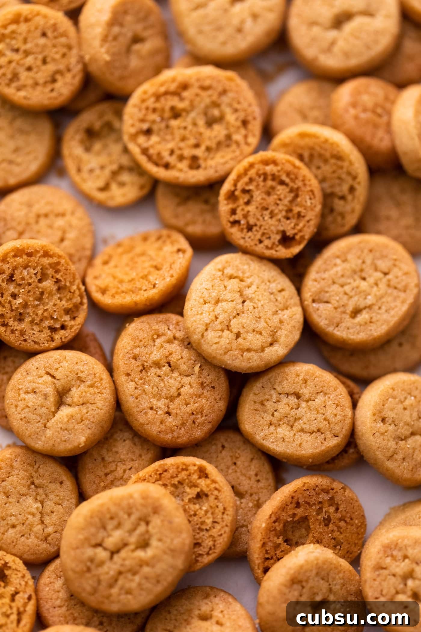 Close up view of small lightly golden peppernut cookies sitting on cooling rack after coming out of oven