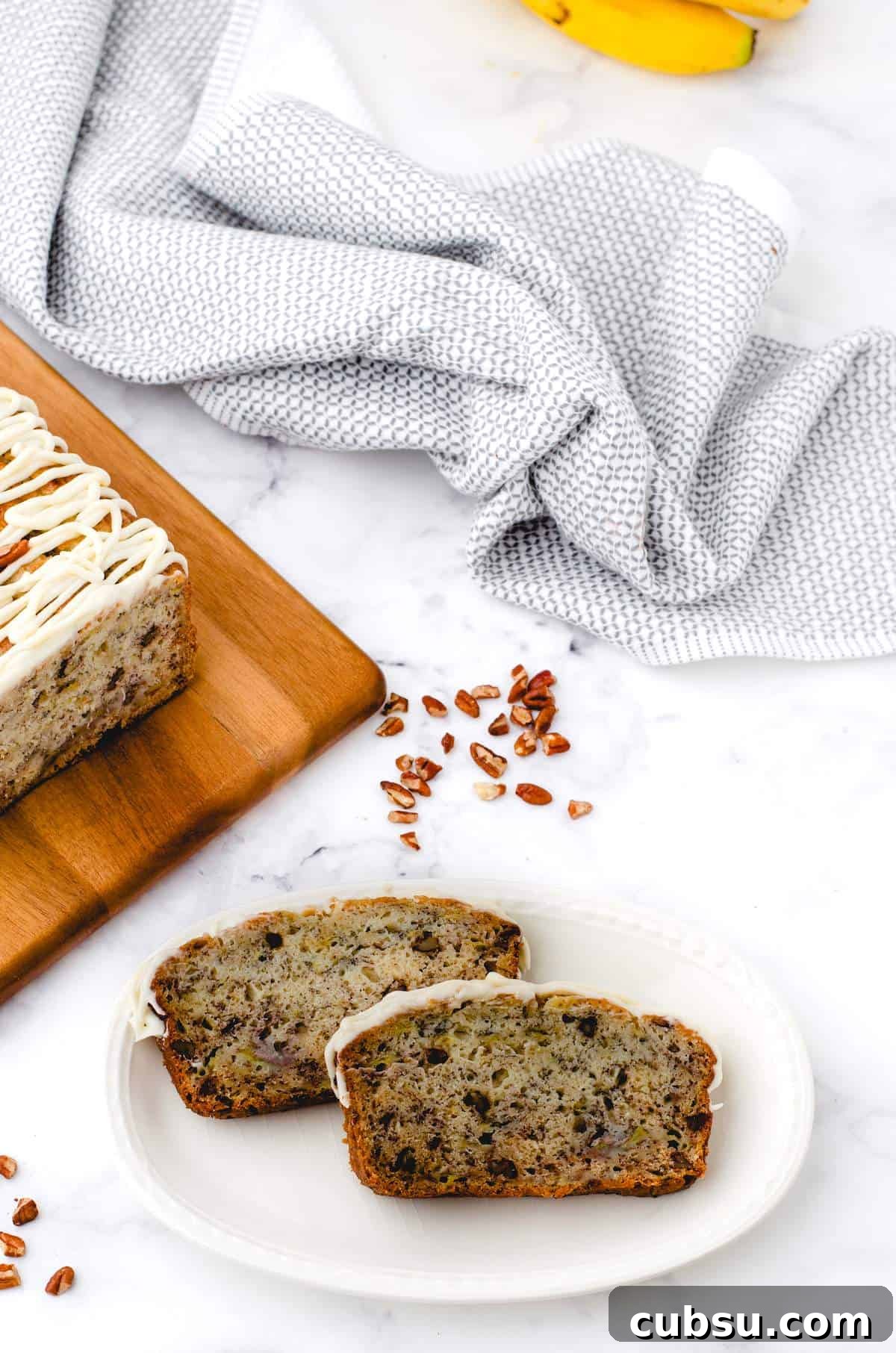 Slices of buttermilk banana bread on a plate.