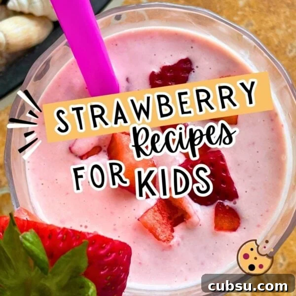 A strawberry cheesecake smoothie labeled strawberry recipes for kids.