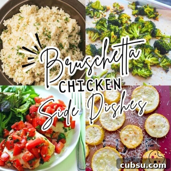 A collage of images showing side dishes for bruschetta chicken - squash, broccoli, and garlic butter rice.