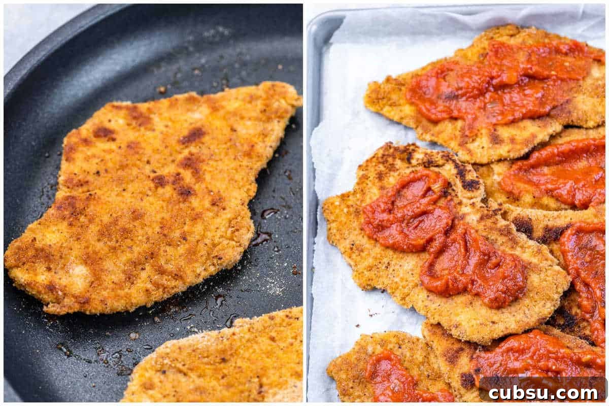 Crispy Chicken Parmesan Sandwich Recipe That Beats Takeout 4 process shot to cook the breaded chicken and add sauce over it.