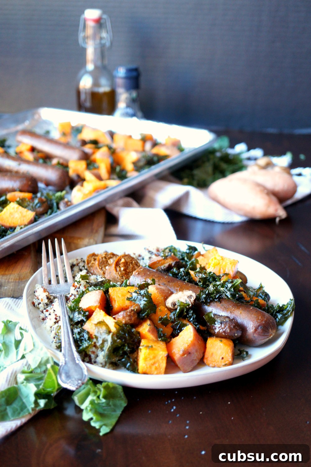 vegan sausage sheet pan meal with sweet potatoes and kale | The Baking Fairy