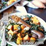 vegan sausage sheet pan meal with sweet potatoes and kale | The Baking Fairy