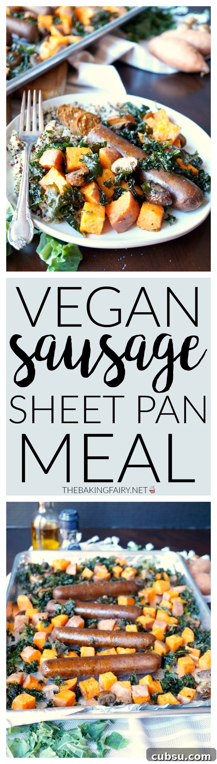 vegan sausage sheet pan meal with sweet potatoes and kale | The Baking Fairy