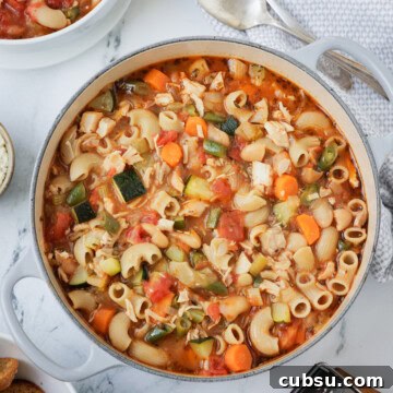 A dutch oven full of chicken minestrone soup with a bowl on the side.