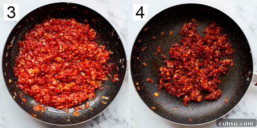 Split image with number 3 on the left a pan of tomatoes and onions while number four on the right is darkened condensed tomatoes and onions.