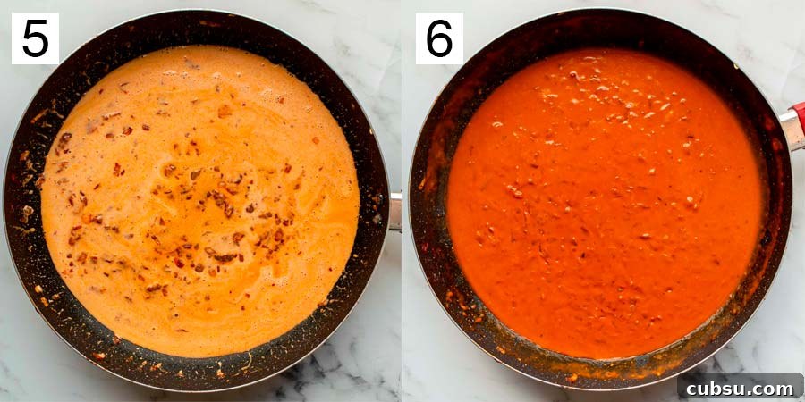 Split image with number five on the left a pan with pale orange liquid and number six ont he right the liquid condensed down to a thick orange sauce.
