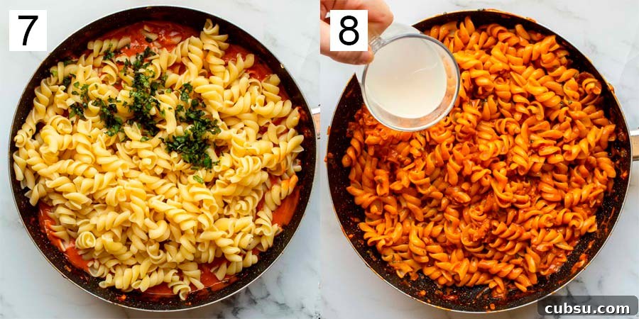 Split image number seven on the left is cooked pasta on top of sauce in a pan, eight on the right is the sauce mixed up with the pasta.