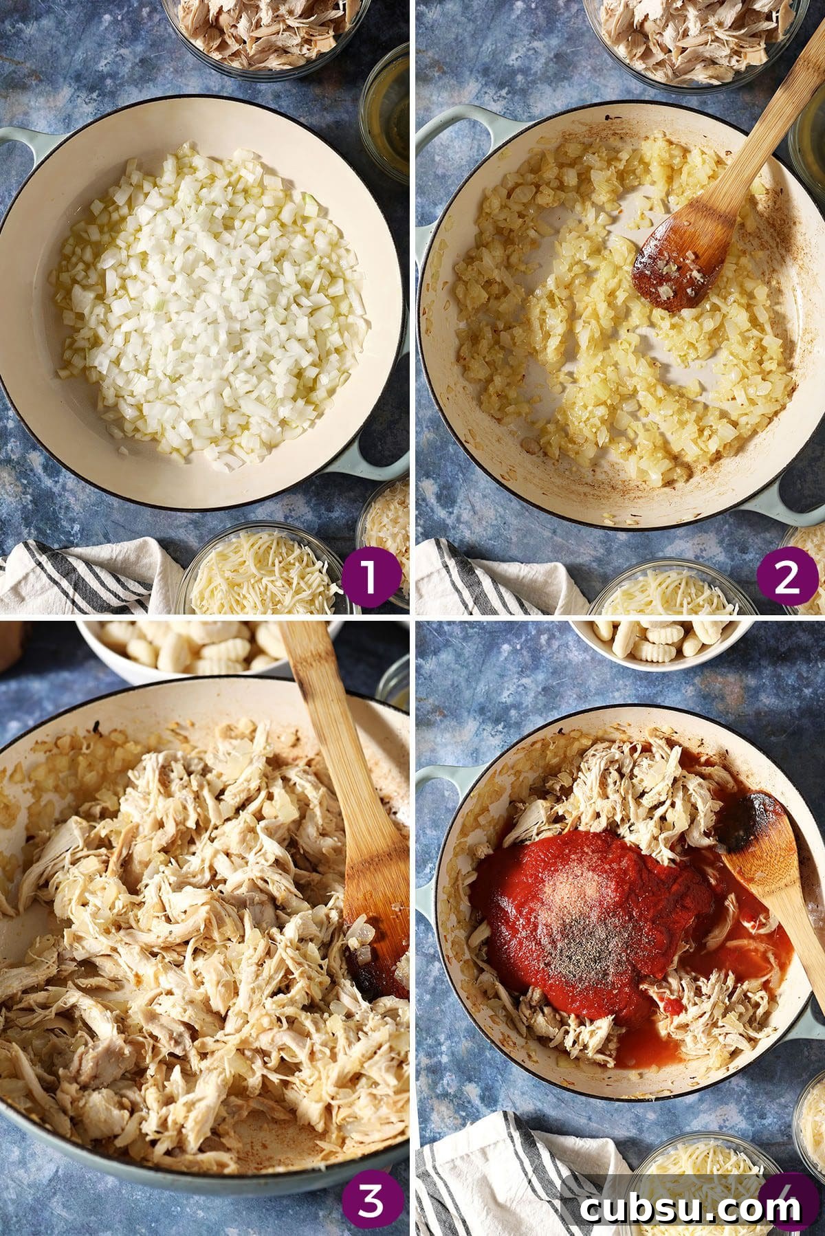 Collage showing how to cook down ingredients to go into chicken tomato sauce