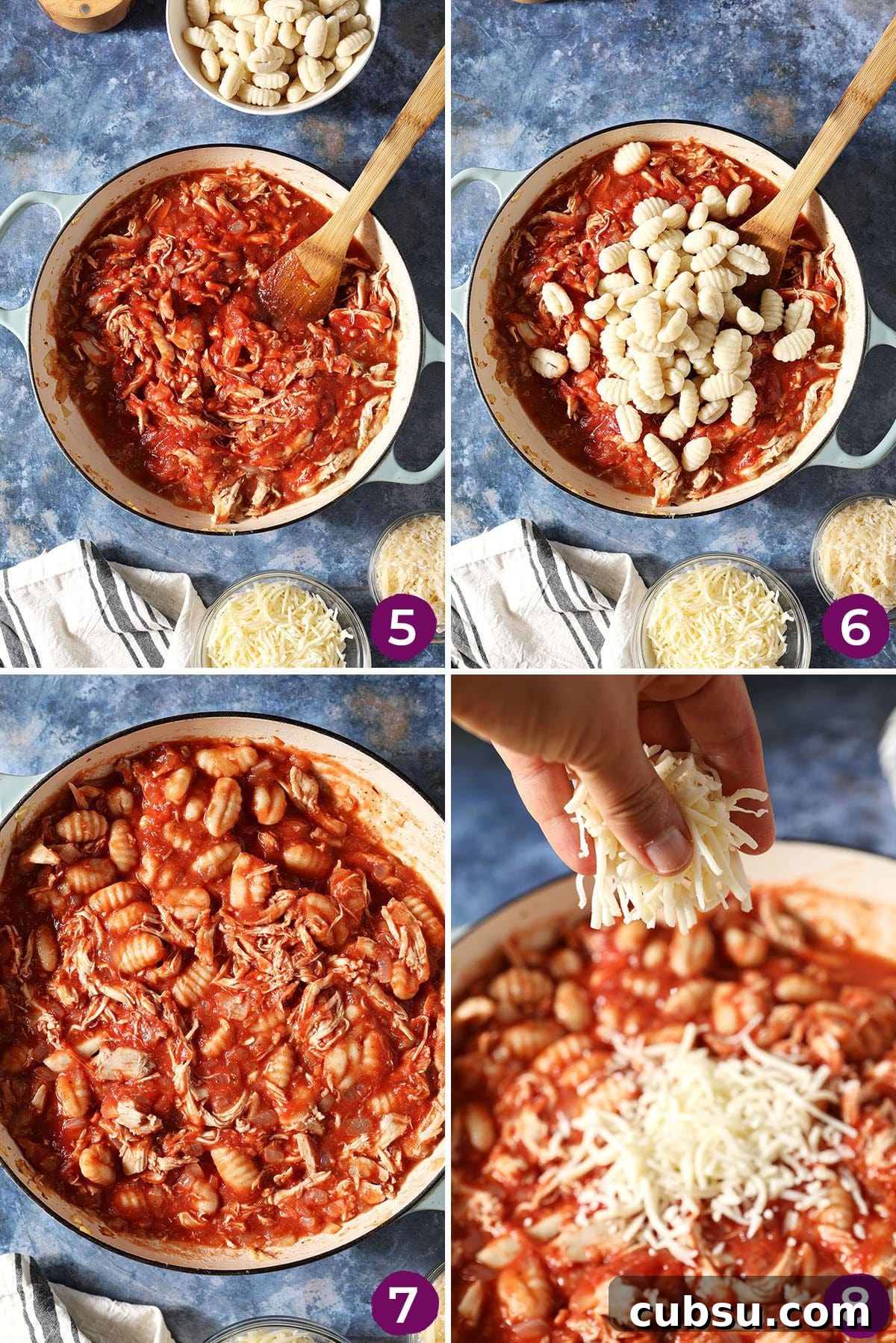 Collage showing how to finalize baked gnocchi with chicken before baking