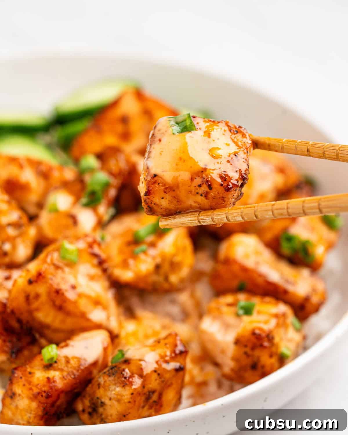 chopstick holding salmon bite.