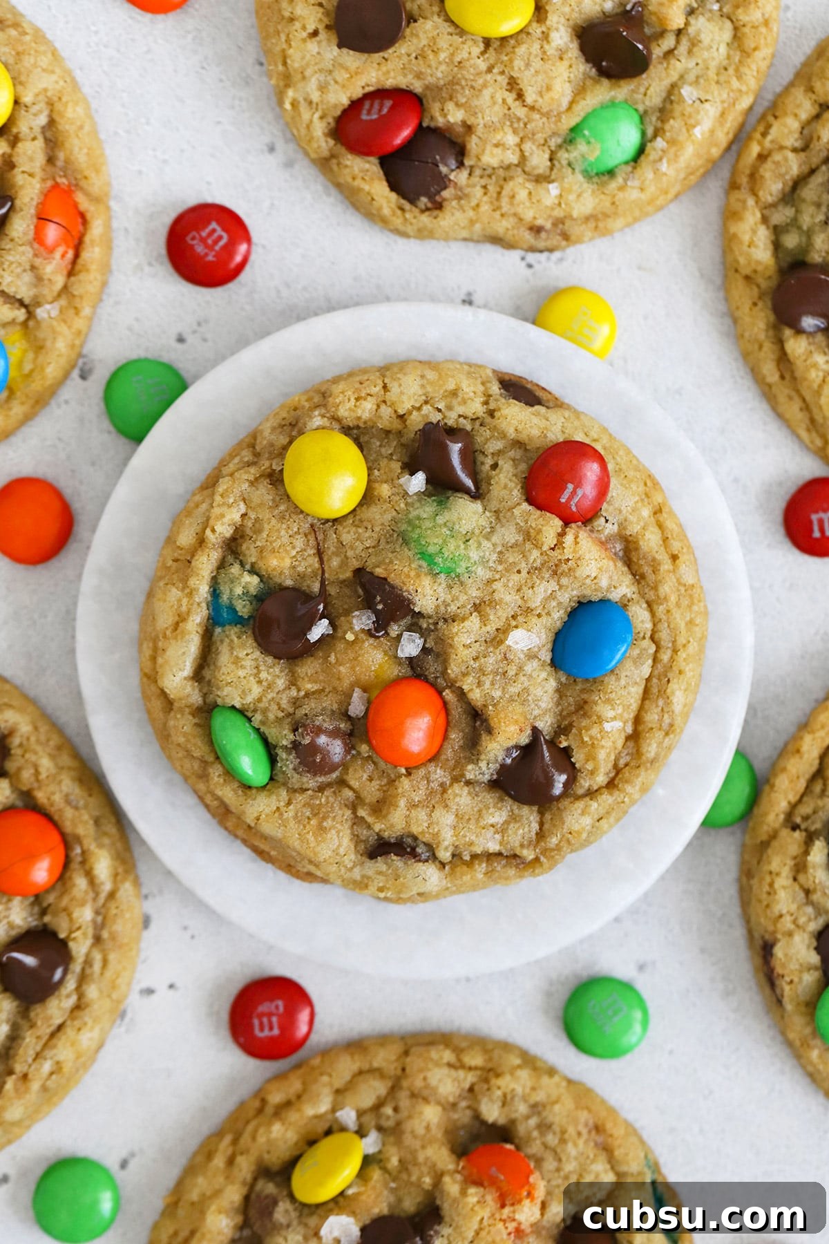 Soft Chewy Gluten-Free M&M Cookies recipe 7 Overhead view of soft, chewy gluten-free m&m cookies