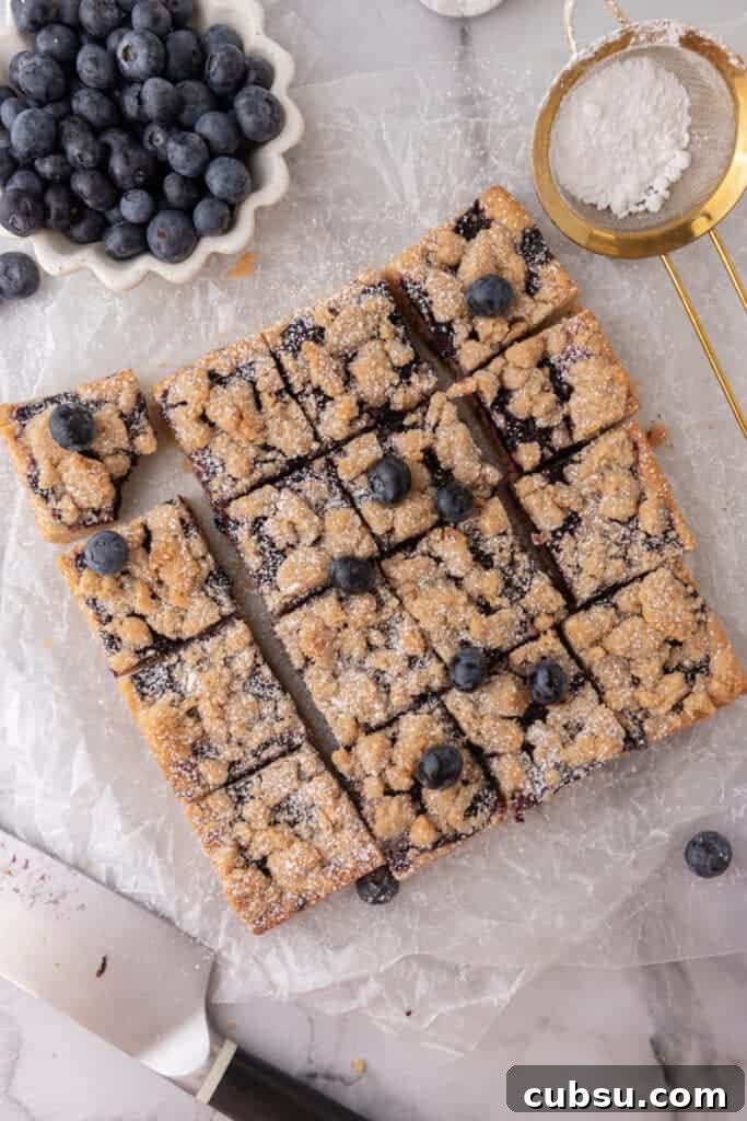 Chewy Blueberry Blondies Recipe with Lemon Glaze 11 overhead shot of the blueberry blondies recipe cut into squares