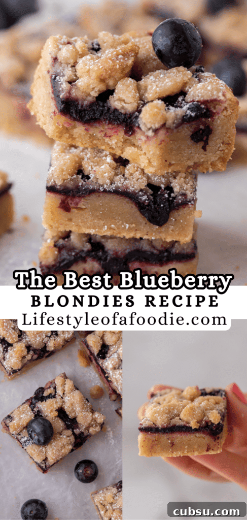 Chewy Blueberry Blondies Recipe with Lemon Glaze 16 pinterest pin of the blueberry blondies recipe