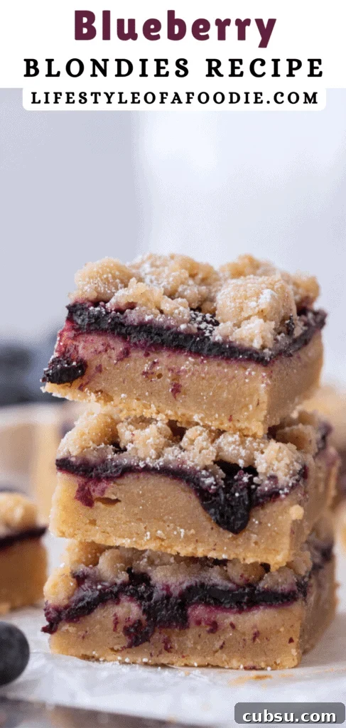 Chewy Blueberry Blondies Recipe with Lemon Glaze 17 pinterest pin of the blueberry blondies recipe