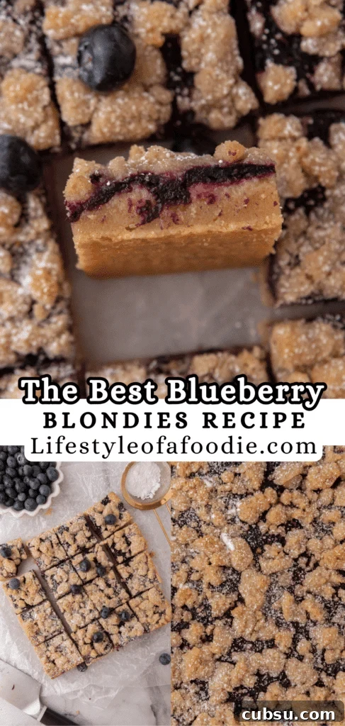 Chewy Blueberry Blondies Recipe with Lemon Glaze 18 pinterest pin of the blueberry blondies recipe