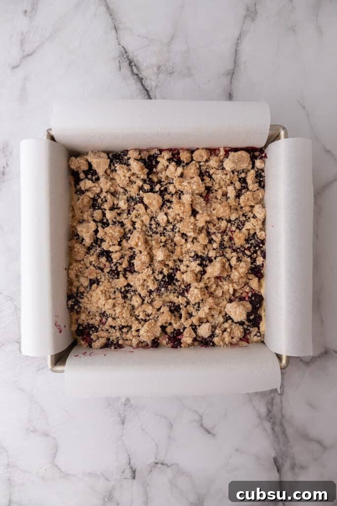 Chewy Blueberry Blondies Recipe with Lemon Glaze 10 dough, jam, and streusel in a pan together