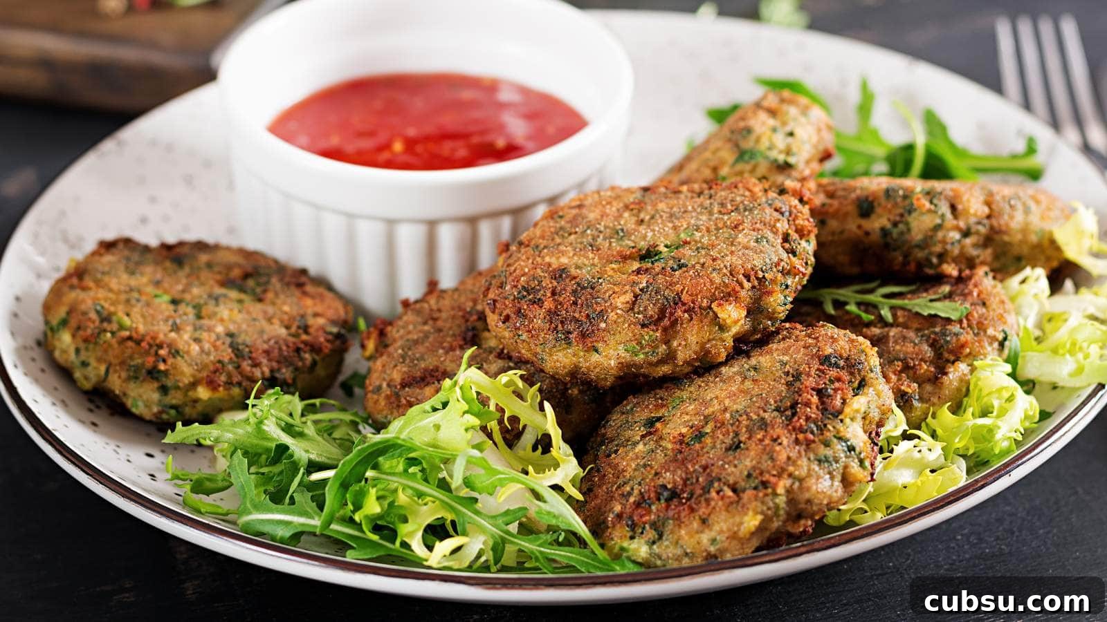 A plate of vegetable fritters on a bed of greens, served with a side of red dipping sauce in a small white bowl.