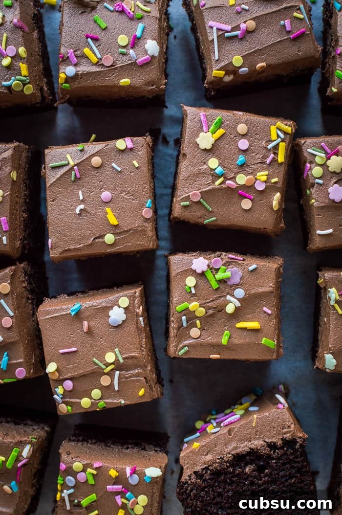 Decadent Vegan Chocolate Cake Recipe: Moist, Dairy-Free Slice 3 Close up of squares of easy vegan chocolate cake topped with vegan chocolate buttercream and sprinkles.