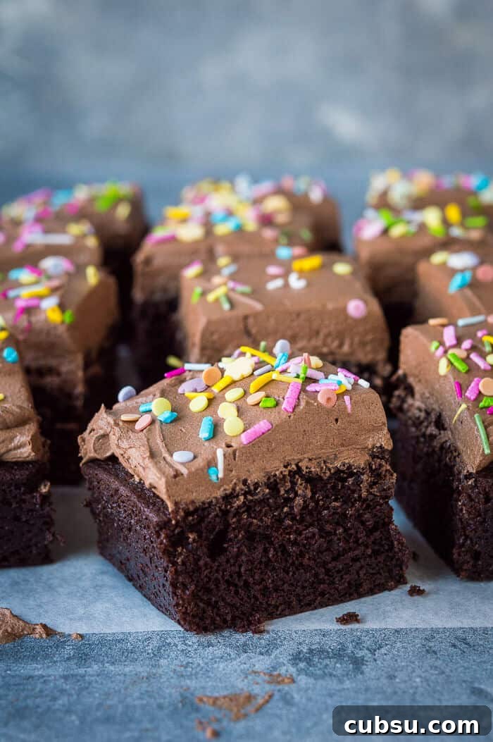 Decadent Vegan Chocolate Cake Recipe: Moist, Dairy-Free Slice 4 Close up of the side of a slice of easy vegan chocolate birthday cake with chocolate buttercream and coloured sprinkles.