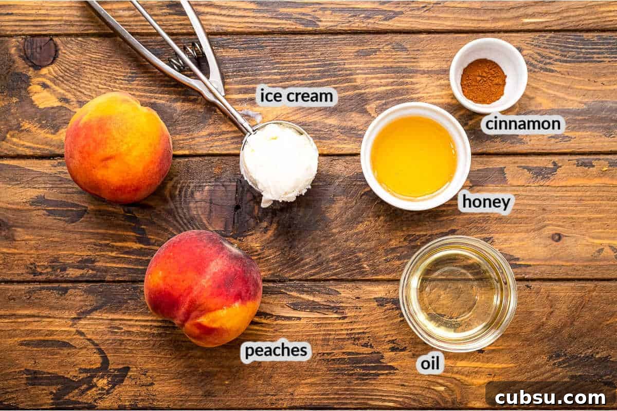 Grilled Peaches with Honey-Balsamic Glaze Recipe 3 Grilled Peaches Ingredients on wooden background in bowls
