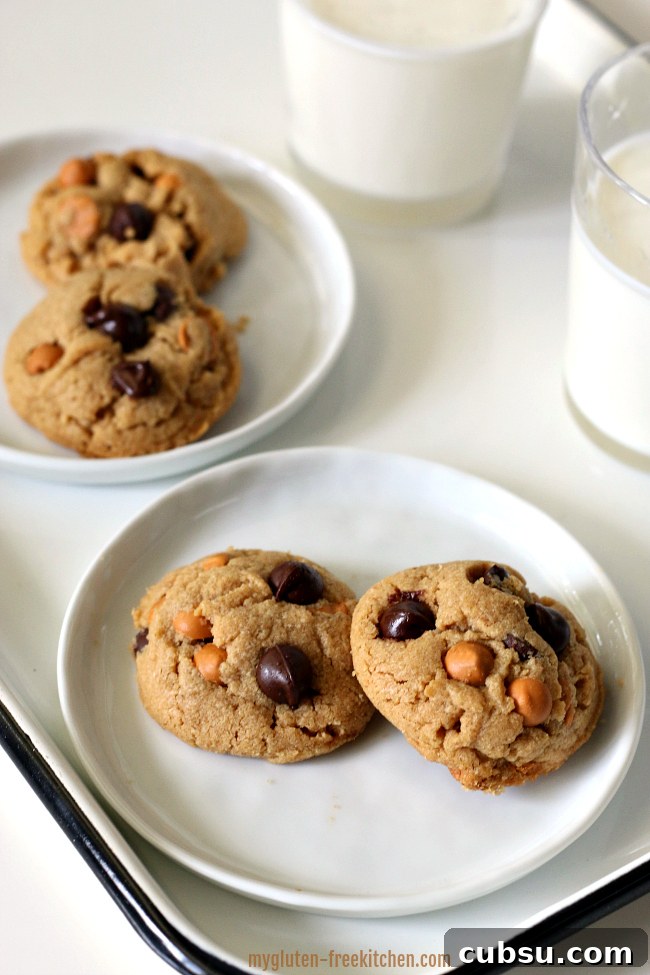 Gluten-free Peanut Butter Cookies with butterscotch and chocolate chips with a glass of milk