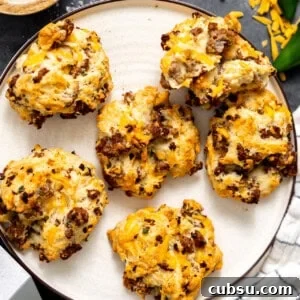 Sausage and cheese drop biscuits on a plate.