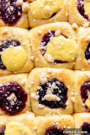 Cheesy Sausage Biscuit Recipe — Flaky Savory Breakfast Biscuits 10 Up close view of berry and cream kolaches in a baking pan.