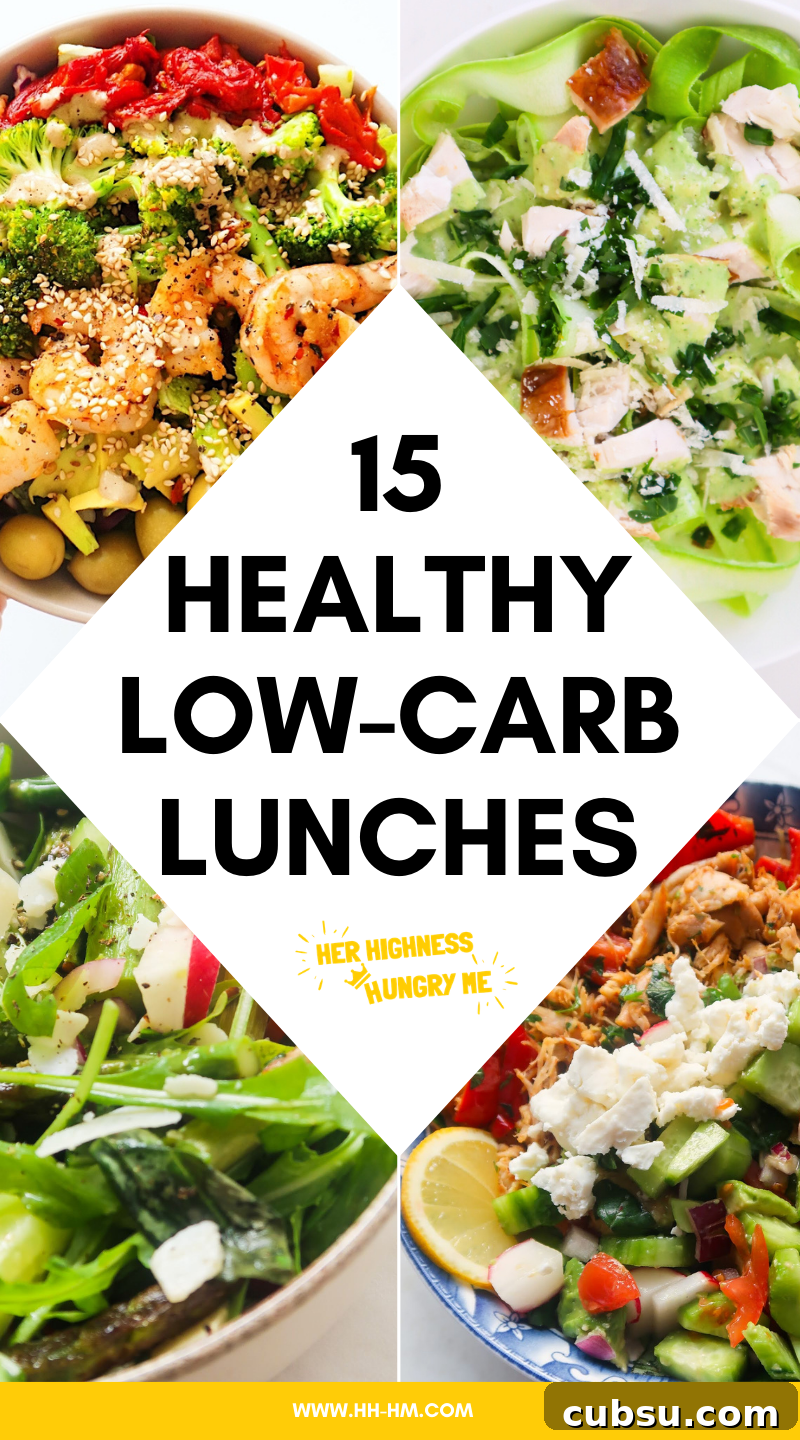 15 Low‑Carb Work Lunches to Prep Quickly and Stay Energized 2 These low carb lunch ideas are super easy and quick and full of healthy foods, not just protein and healthy fats. With salads, soups and bowls, these healthy lunches also provide plenty of antioxidants and fiber to keep your blood sugar stable and your body full of energy!