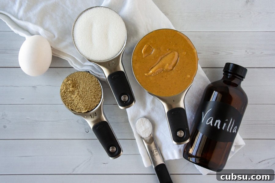 Flourless Peanut Butter Cookies Recipe — Chewy 3-Ingredient Treat 3 a cup of peanut butter, a quarter cup of brown sugar, a half cup of white sugar, a bottle of vanilla, one egg, and salt