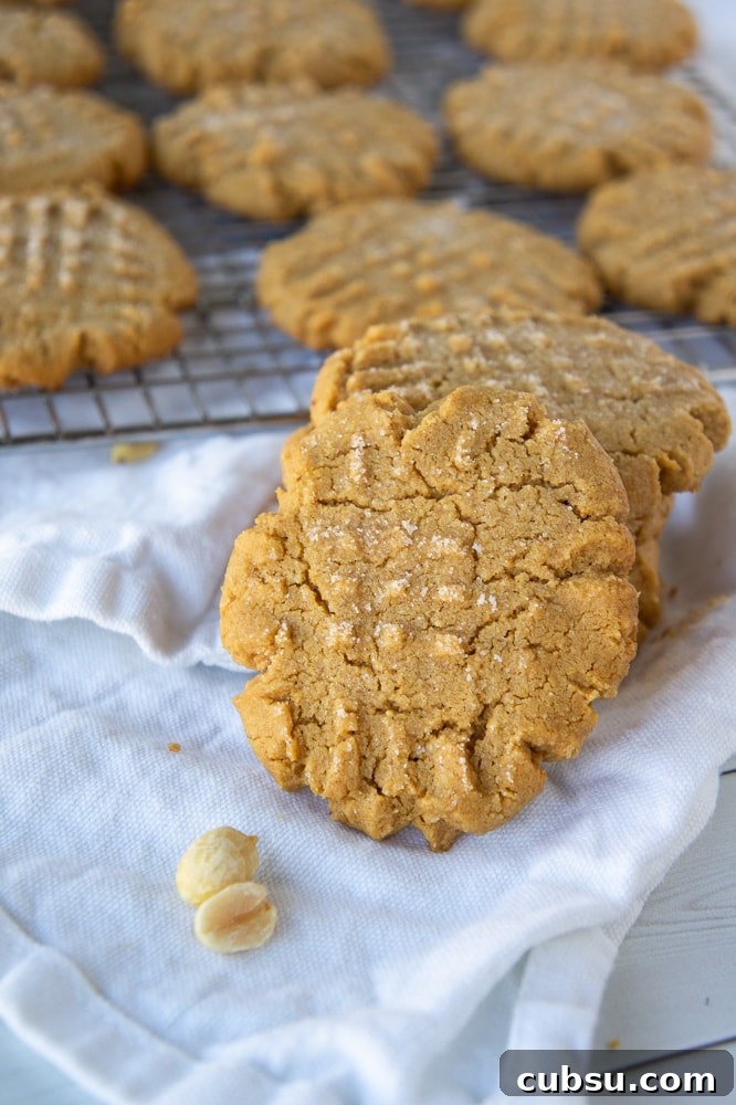 Flourless Peanut Butter Cookies Recipe — Chewy 3-Ingredient Treat 6 a stack of flourless peanut butter cookies in front of a cooling rack of cookies