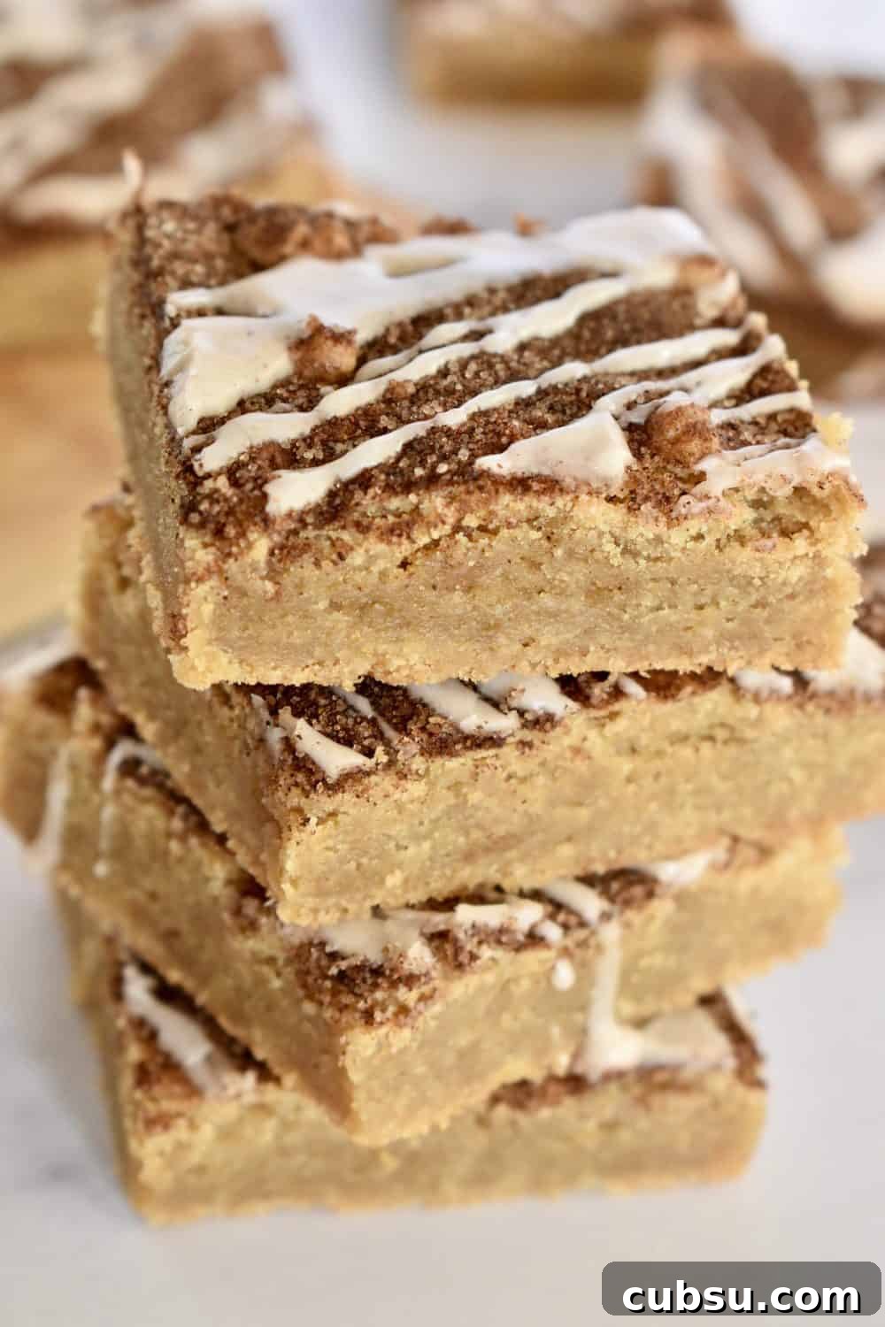 Chewy Cinnamon Sugar Blondies Recipe for Perfect Texture 2 Cinnamon Sugar Blondies stacked high on the counter.