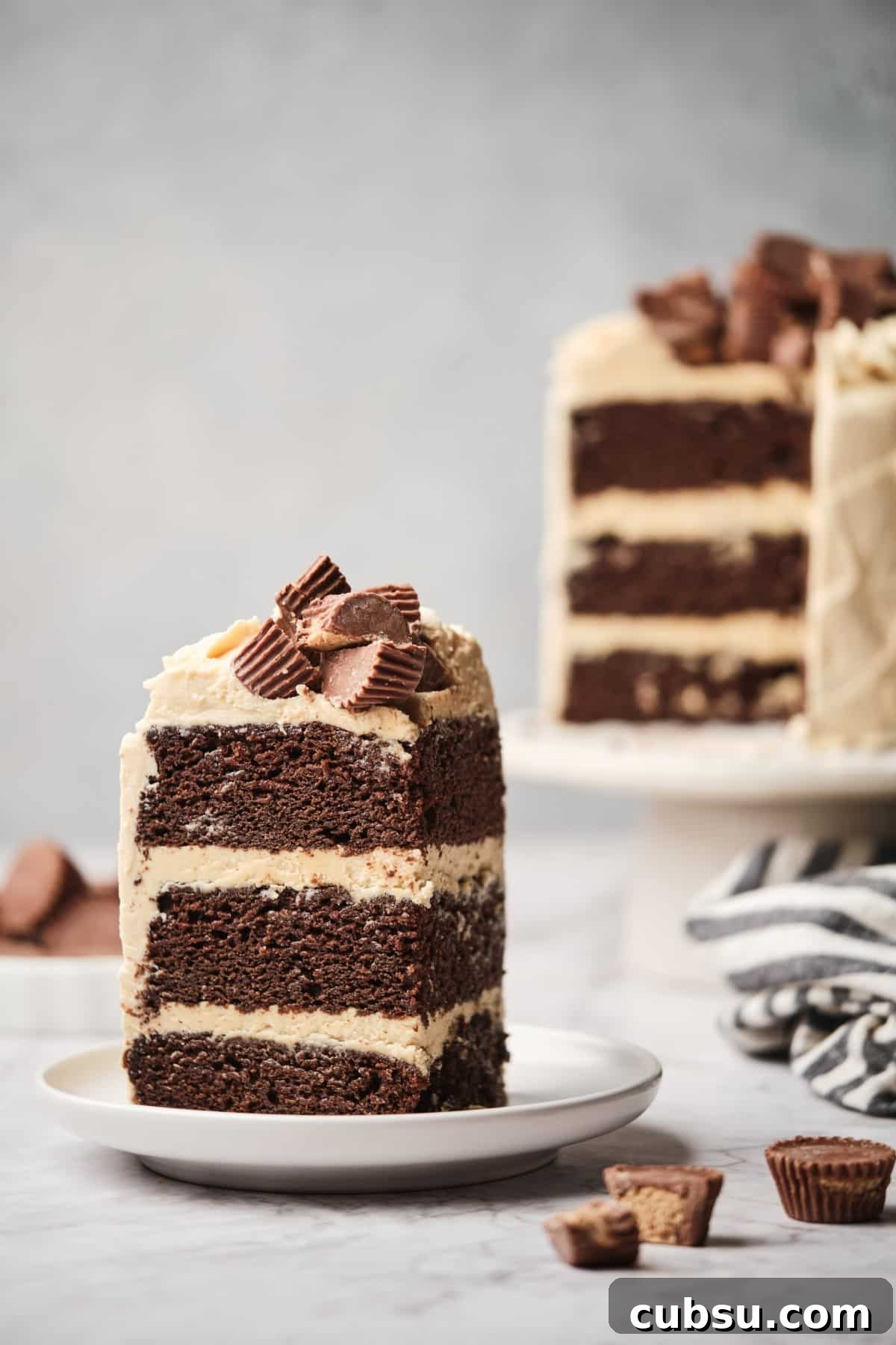 Chocolate Cake with Creamy Peanut Butter Frosting Recipe 2 A slice of 3-layer chocolate cake with peanut butter frosting on a plate with the layer cake in the background.