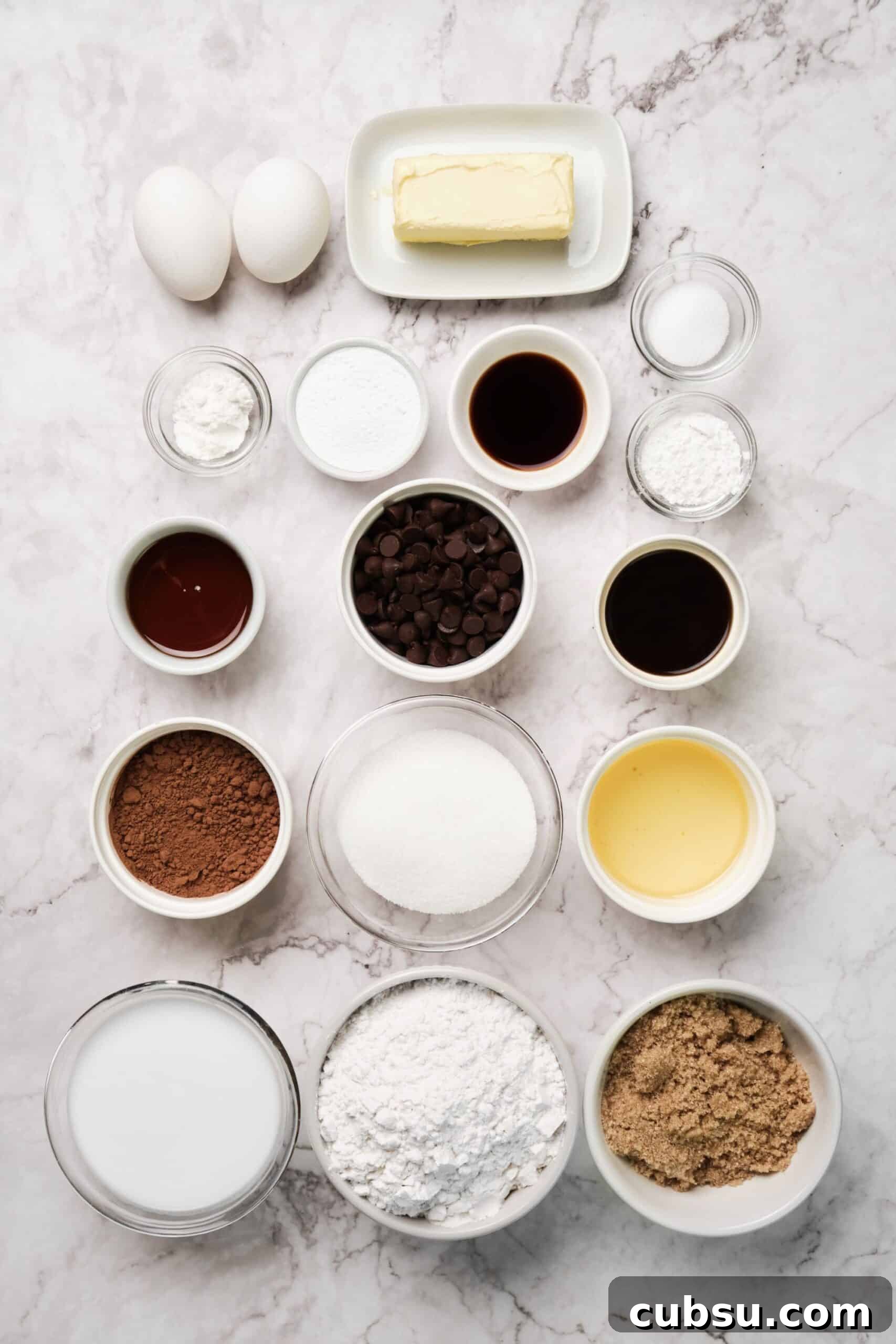 Chocolate Cake with Creamy Peanut Butter Frosting Recipe 3 An overhead shot of all the chocolate cake ingredients.