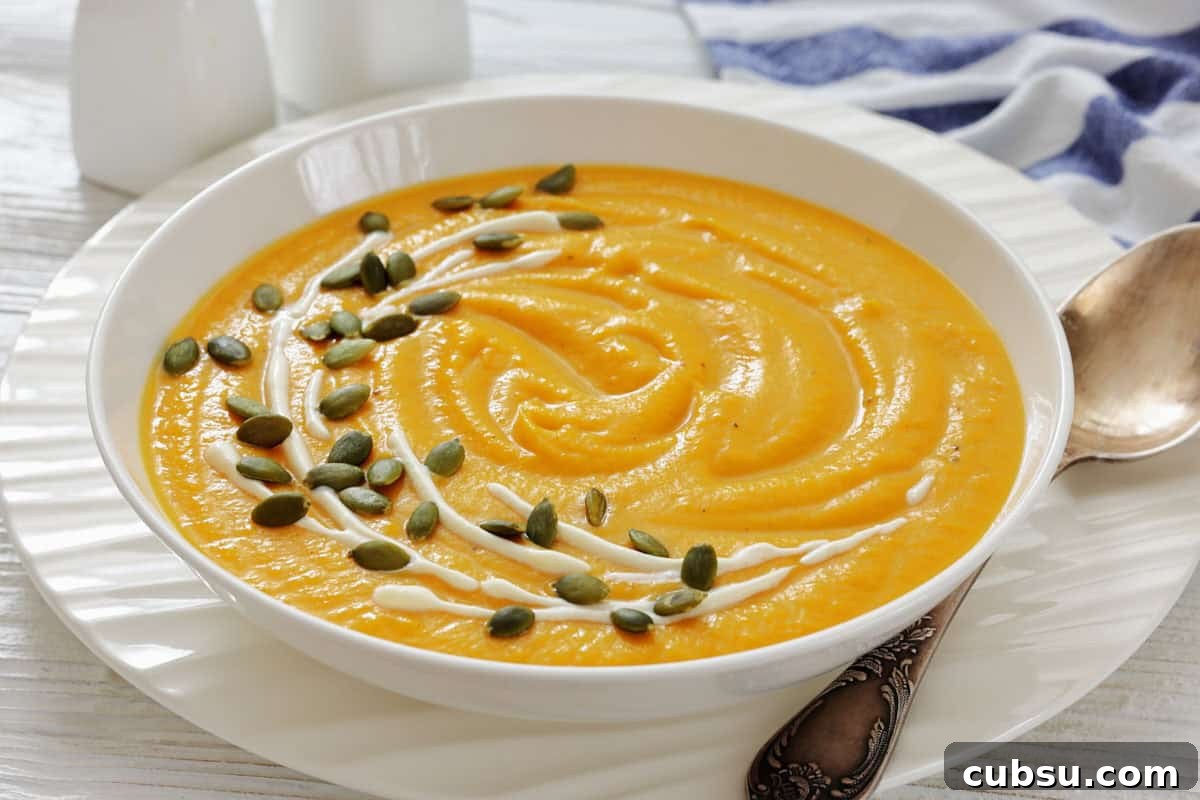 31 Classic Comfort Recipes That Keep Families Coming Back 2 A bowl of creamy pumpkin soup with canned pumpkin garnished with a swirl of cream and sprinkled with pumpkin seeds, placed on a white plate beside a spoon.
