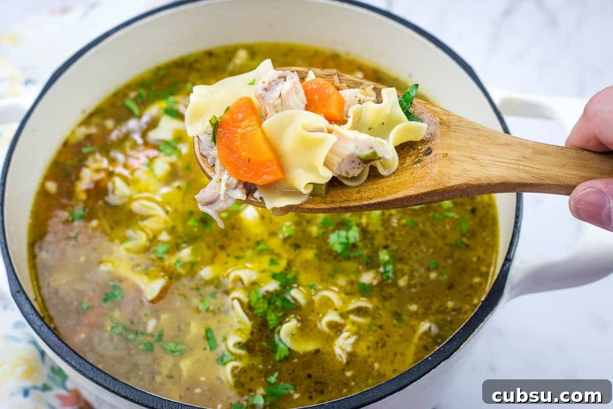 31 Classic Comfort Recipes That Keep Families Coming Back 19 A wooden spoon holds Rotisserie chicken noodle soup above a pot filled with more soup.