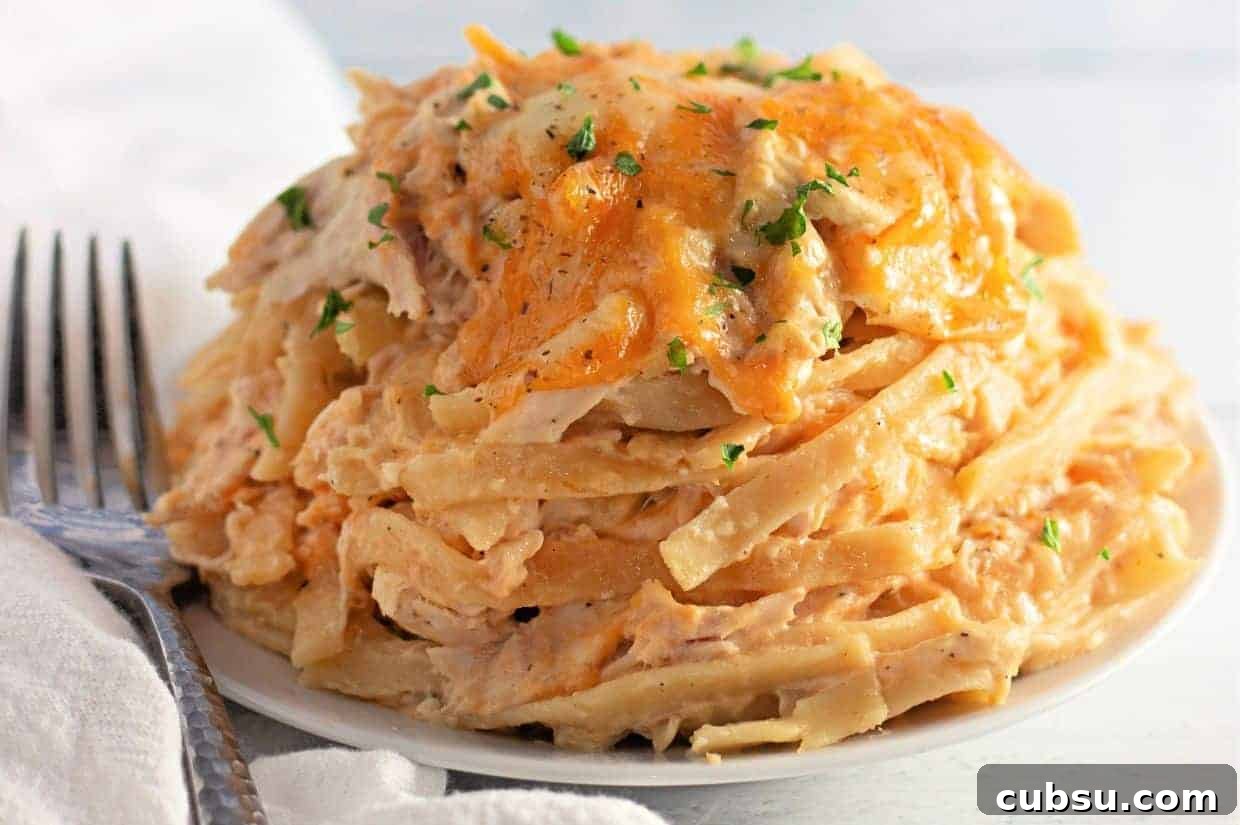 31 Classic Comfort Recipes That Keep Families Coming Back 23 A plate of Chicken Tetrazzini topped with melted cheese and sprinkled with chopped herbs, with a fork and napkin beside it.