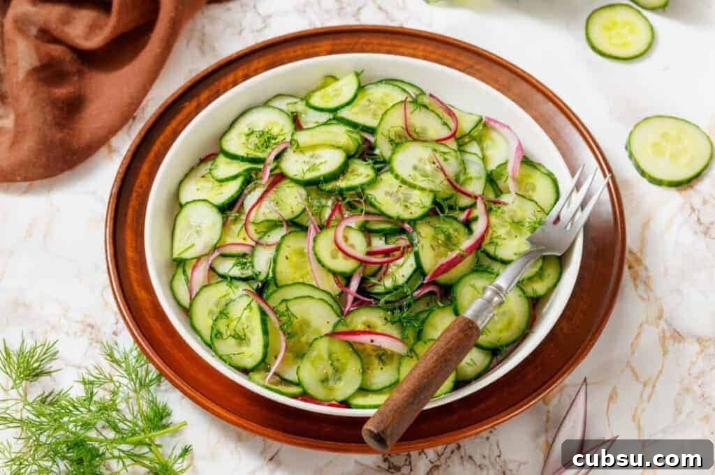 31 Classic Comfort Recipes That Keep Families Coming Back 7 A bowl of cucumber salad with red onions and fresh dill, placed on a wooden plate with a fork, surrounded by ingredients on a marble surface.