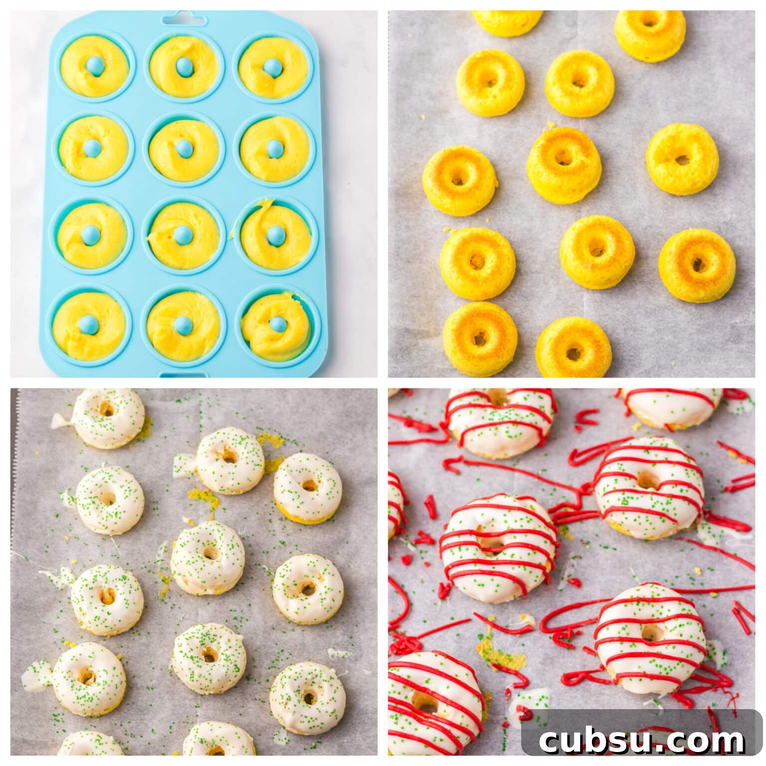 collage showing step by step how to make mini christmas tree donuts