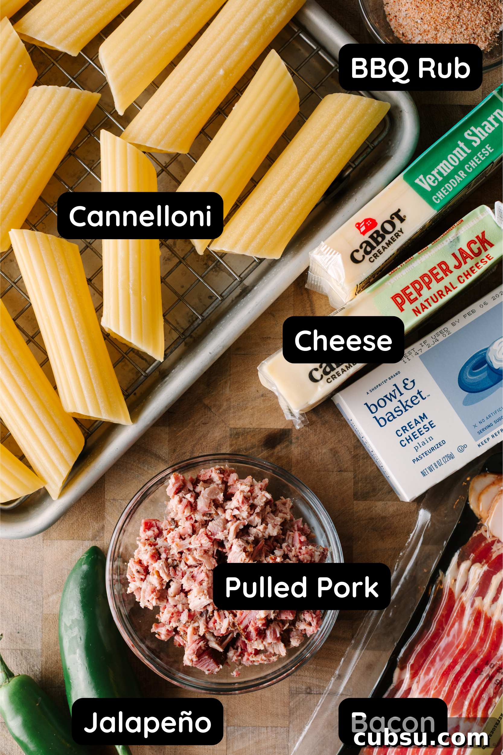 Smoked Shotgun Shells: How They're Made and What to Know 3 Ingredients for smoked shotgun shells: Cannelloni, BBQ rub, cheddar cheese, pepperjack cheese, cream cheese, pulled pork, bacon, and jalapeno.