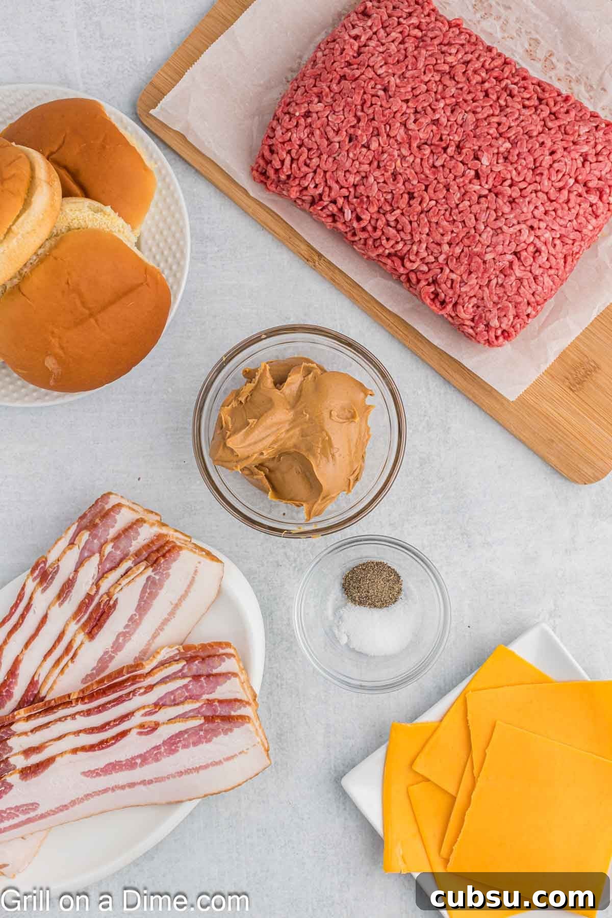 Ingredients needed - hamburger beef, bacon, salt and pepper, cheese, peanut butter, buns