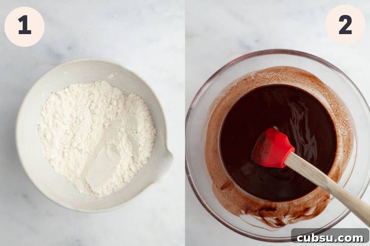 Steps 1 and 2 in the marshmallow fluff brownie baking process.