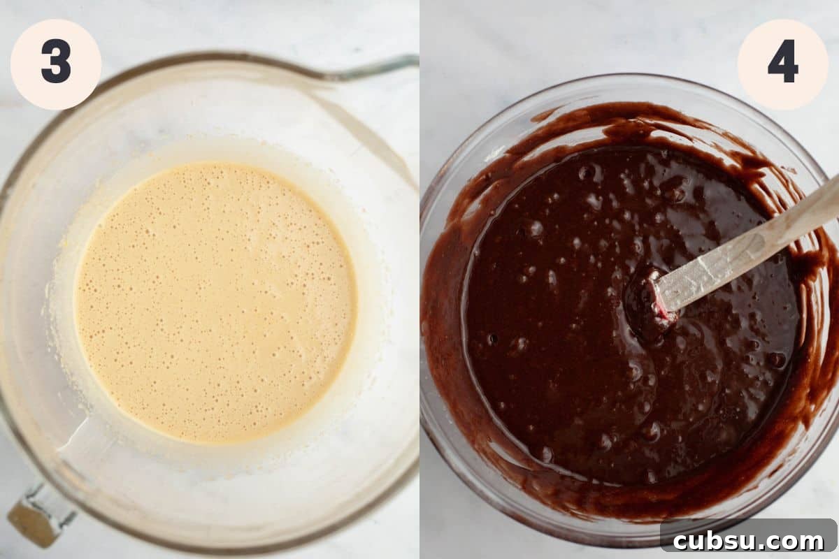 Steps 3 and 4 in the marshmallow fluff brownie baking process.