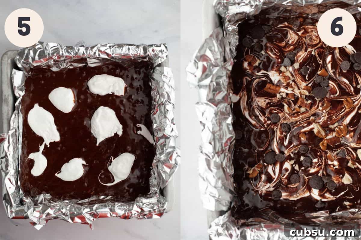 Steps 5 and 6 in the marshmallow fluff brownie baking process.