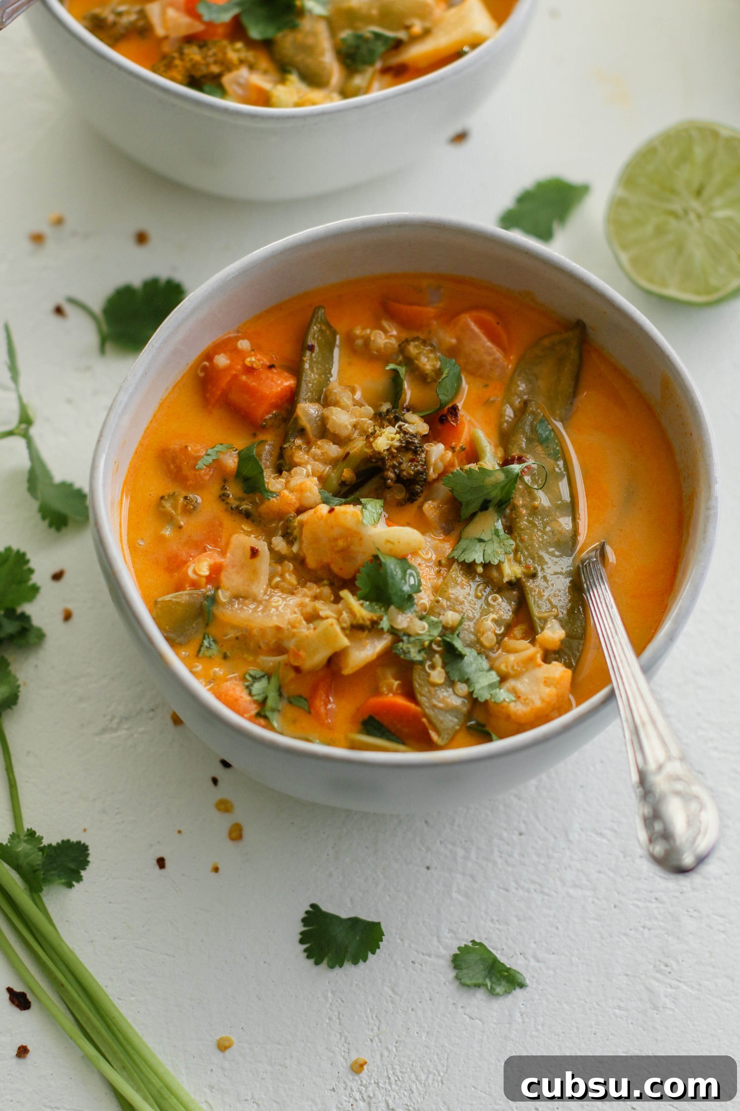 The Quickest Vegan Curry served in bowls with a spoon by Flora & Vino