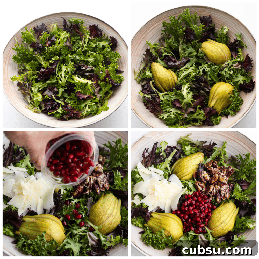 Four pictures showing how to add ingredients to a pomegranate salad.